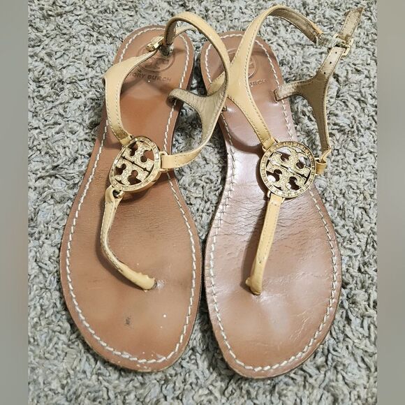 Tory Burch Women's Size 8M  Sandals Tan Patent Leather Rhinestone T StrapUsed - Picture 1 of 5